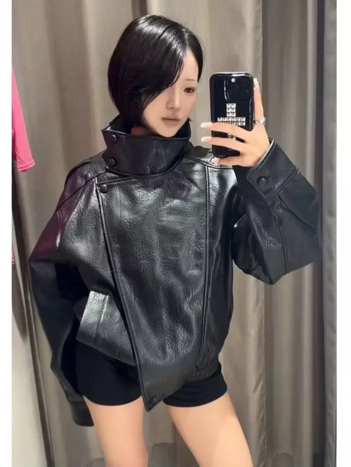 ETJ 2025 nouvelle version ample de la mode des femmes de col montant veste en simili cuir style de r