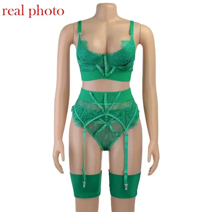 Zelená podprsenka spodní prádlo pro ženy erotické spodní prádlo krajka čelenka Bralette Sexy Push Up Lenceria 3 kusy set NM34