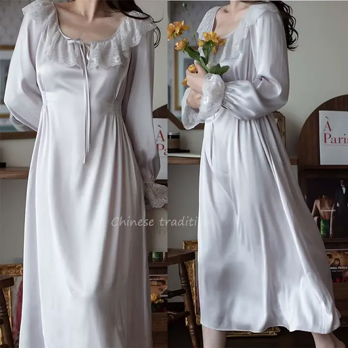 Chemise de nuit violette élégante, Vintage, col en dentelle, vêtements de nuit, rayonne, en Satin, manches longues, Lingerie, vêtements de nuit