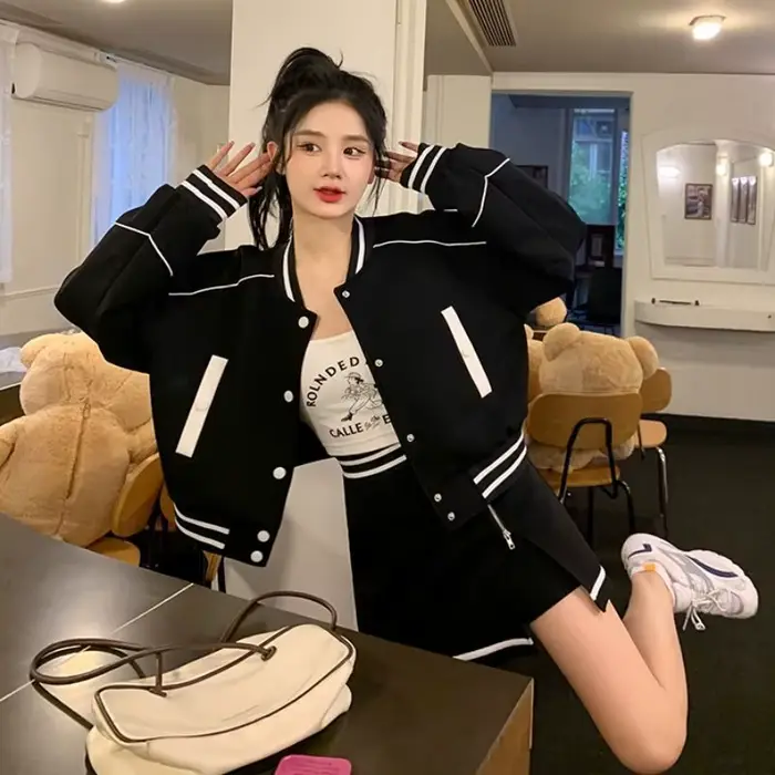 Ensemble de survêtement de Baseball Vintage, manteau court Chic coréen + demi-jupe taille haute, ens