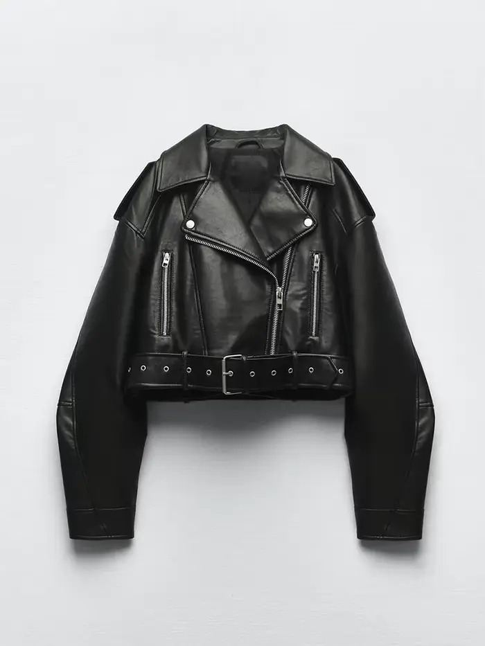 Ailegogo printemps automne femmes Faux cuir Pu veste courte avec ceinture moto motard femme fermetur