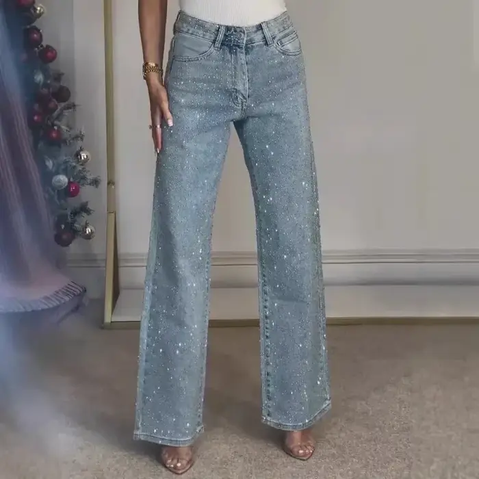 2025 femmes jean droit diamants pantalon Stretch taille haute lavé maman jean Y2k Streetwear pantalo