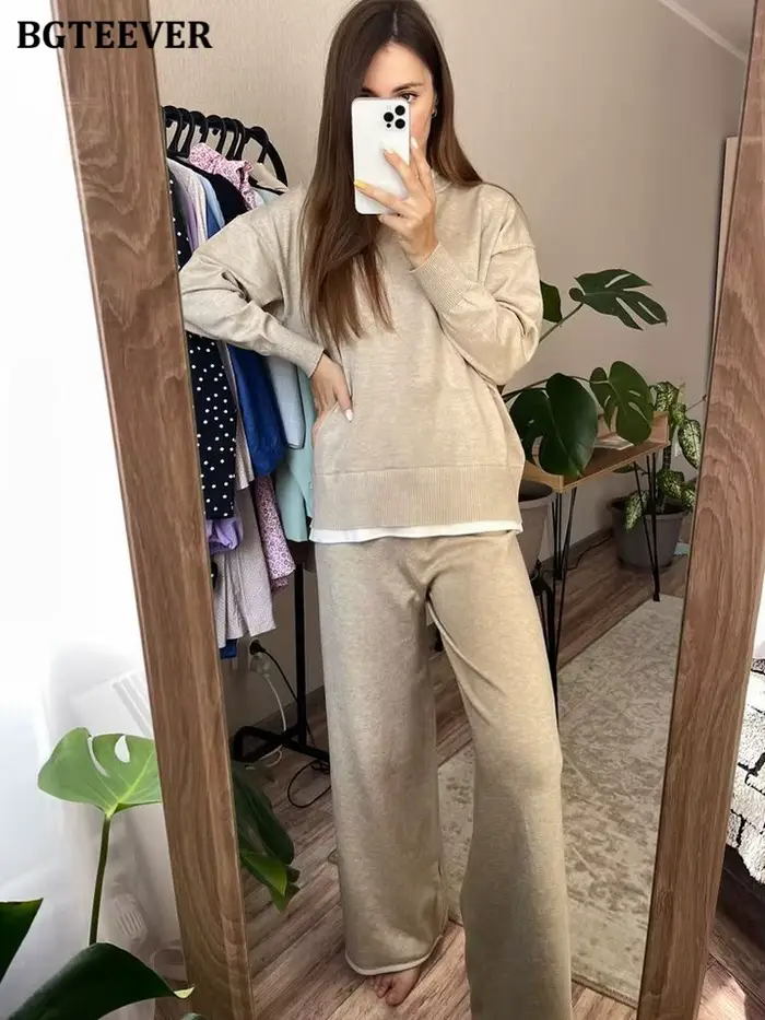 BGTEEVER-Ensemble 2 pièces décontracté pour femme, pulls patchwork, manches longues, jambe large, fj