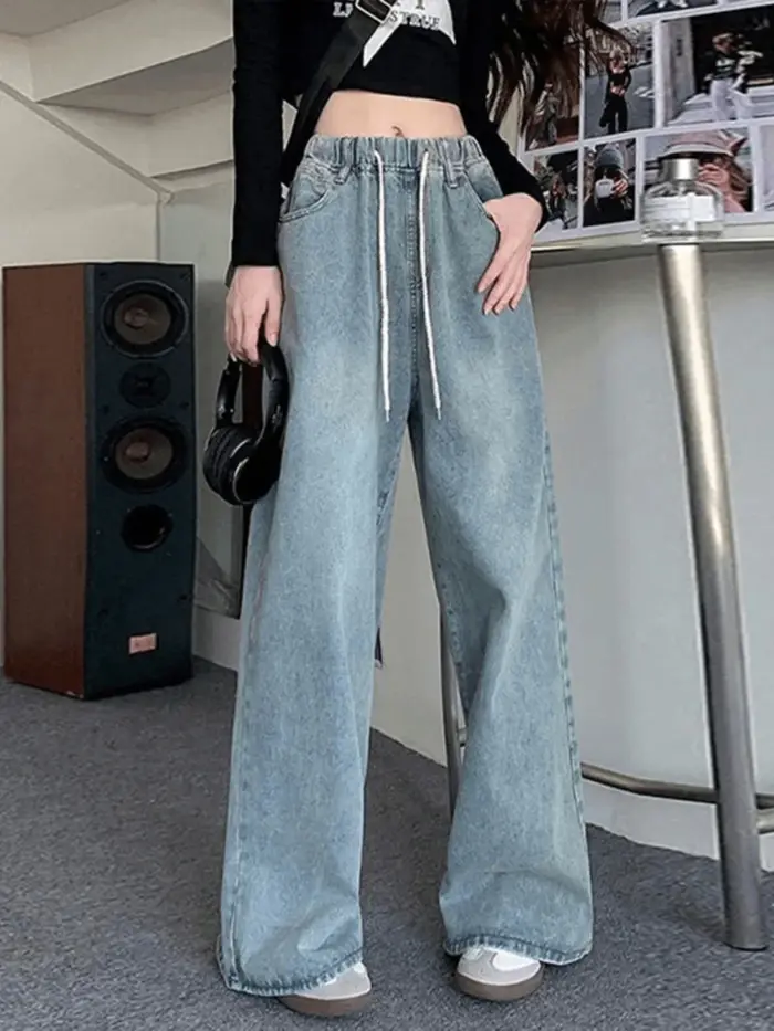 Botvotee taille haute taille large jean pour femmes ample droite bleu Long Denim pantalon femme mode