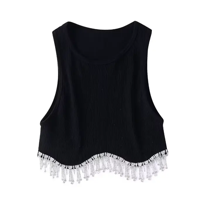 T-shirt à tricoter en perles de diamant pour femmes, débardeurs courts Chic Camis, gilet mince, haut