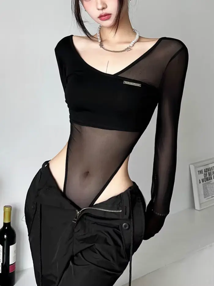 Costume de batterie transparent noir pour femme, lingerie sexy, manches longues, col en V, une pièce, corps féminin, dos nu, Y