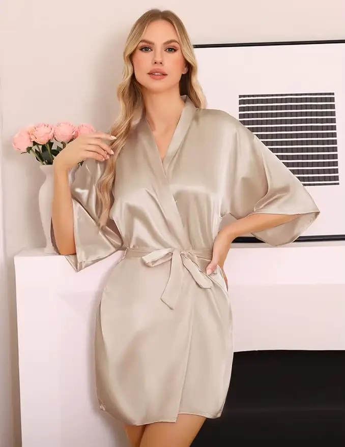 Saténové šaty Žena Intimní Spodní prádlo Hedvábné noční prádlo Nevěsta Neformální Svatební dárek Kimono Župan Šaty Noční košile Sexy noční prádlo