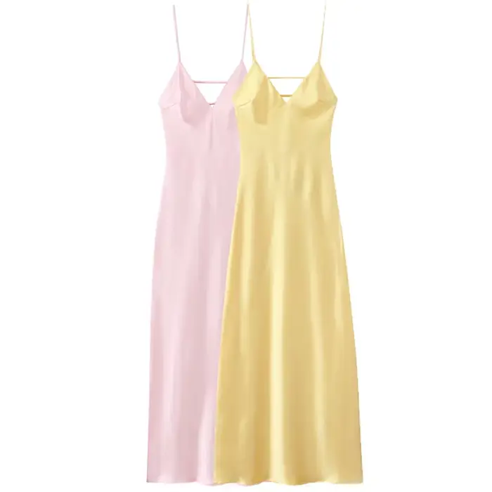 HXAO robes jaunes femmes Satin col en V robe mi-longue été dos nu sangle robes de soirée élégante ro