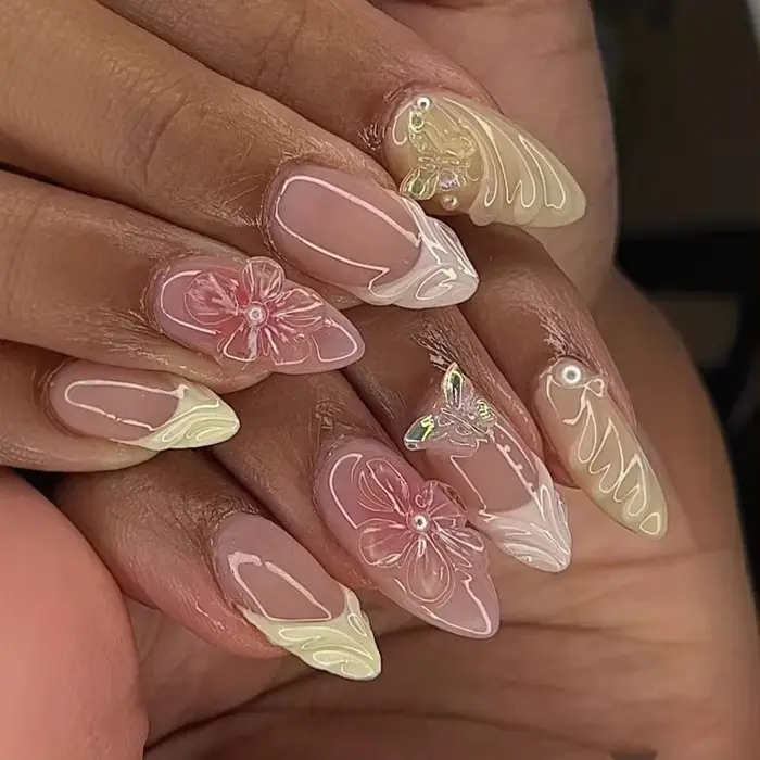 24 pièces doux Cool amande ensemble d'ongles presse sur ongles acryliques 3D Floral papillon faux on