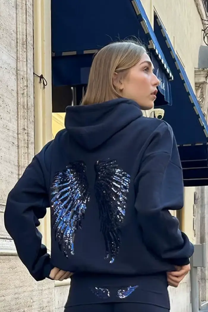 Sweat à capuche imprimé ailes à paillettes pour femmes, élégant et décontracté, tendance, facile à a