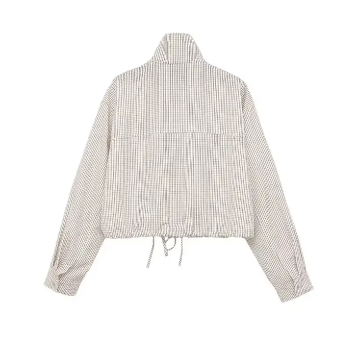 Veste Courte à Carreaux pour Femme ETJ, Col Montant, Manches Bouffantes, Coupe Oversize avec Ourlet 