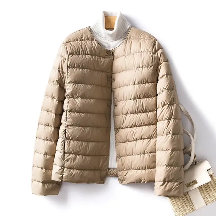 Veste en duvet de canard pour femme, col rond, col en v Variable, garde au chaud, sans col, manteau
