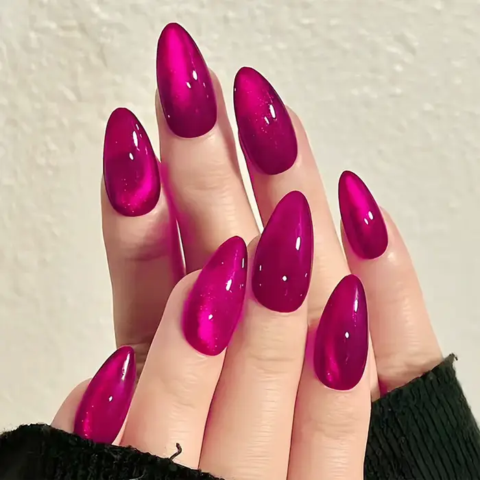 Faux ongles en forme d'oeil de chat rouge Rose, amande, manucure Simple, DIY, 24 pièces, à pression,