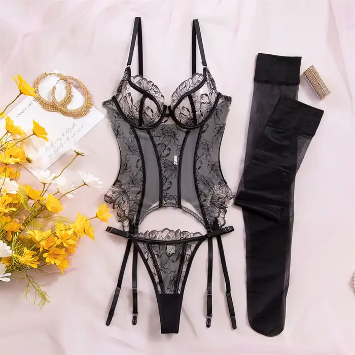 InstaBay – ensemble de lingerie brodée de luxe, 3 pièces, corsets et culottes sexy en maille patchwork, tenues érotiques avec bas