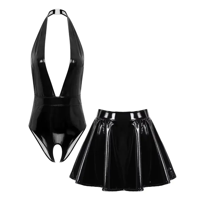 Sissy-Ensemble de lingerie en cuir pour femme, licou, entrejambe ouvert, batterie, mini jupe, vêtements de nuit tentants