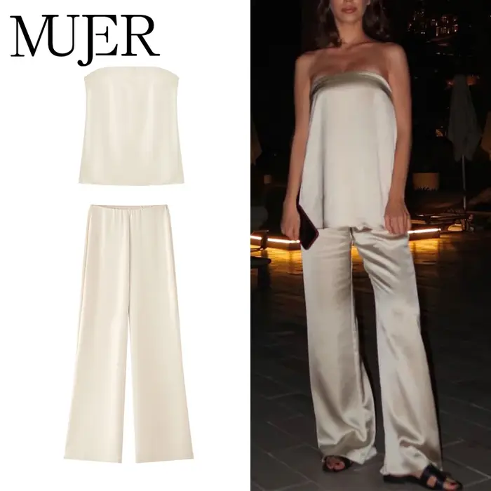 MUJER 2025 pantalons pour femmes ensembles été Satin taille haute pantalon pour femmes vacances pant