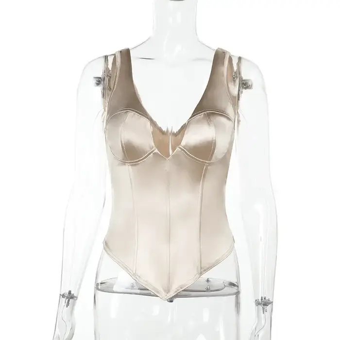 Débardeur Femme en Satin Champagne, Col en V, Style Corset, Sexy, Sans Manches, Dos Nu, Coupe Ajustée, Élégant, Décontracté, pour l'Été