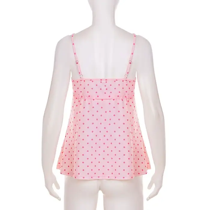 SUCHCUTE Chic doux mignon à pois imprimé nœud à lacets Camisole femmes col en V sans manches haut co