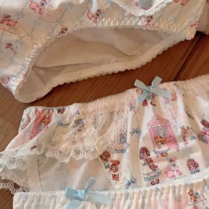 Culottes Quotidiennes à Imprimé Poupée et Nœud, Culottes Kawaii en Dentelle Style Lolita, Culottes à Entrejambe en Coton, Culottes à Volants Douces en Fibre de Lait pour Fille