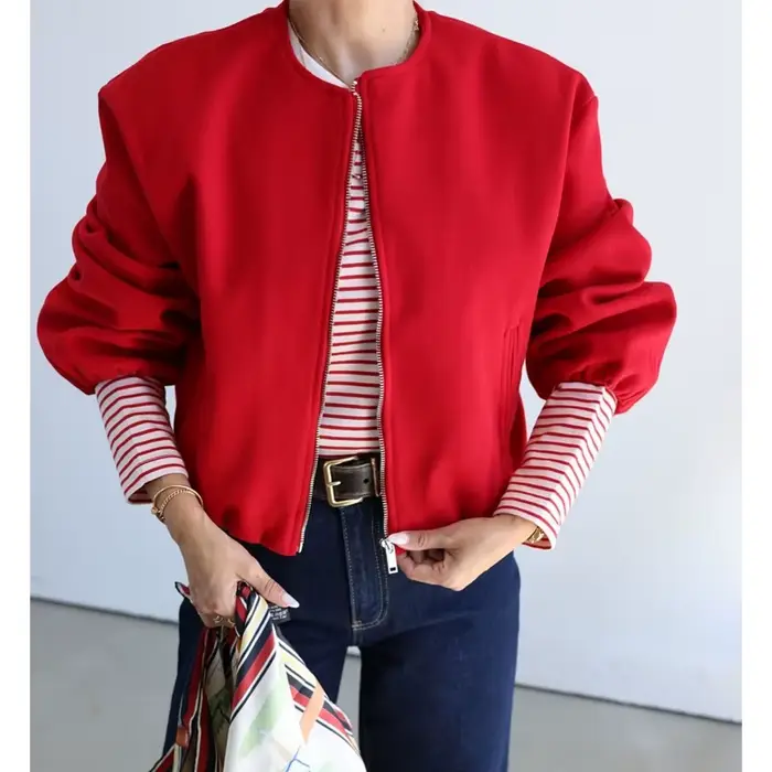 MUJER rouge fermeture éclair Bomber vestes pour femmes doux recadrée vestes femme 2025 à manches lon