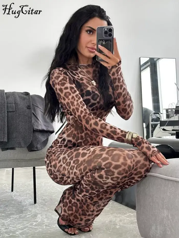 Hugcitar imprimé léopard maille à manches longues Sexy mince voir à travers Maxi robe automne femmes