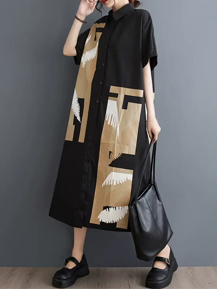 Nouvelle Robe Chemise Longue Décontractée Ample à Manches Courtes Imprimé Vintage Noir pour Femme –