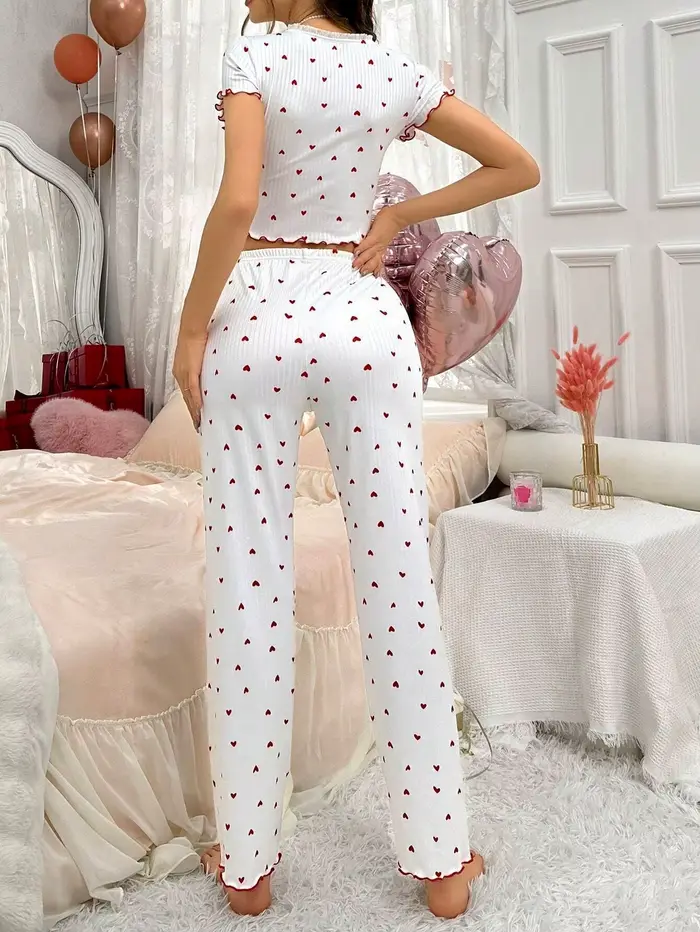 Ensemble de pyjama pour femmes à imprimé cœur décontracté et confortable pantalon longueur cheville polyester élasthanne occassions spéciales nuit détente