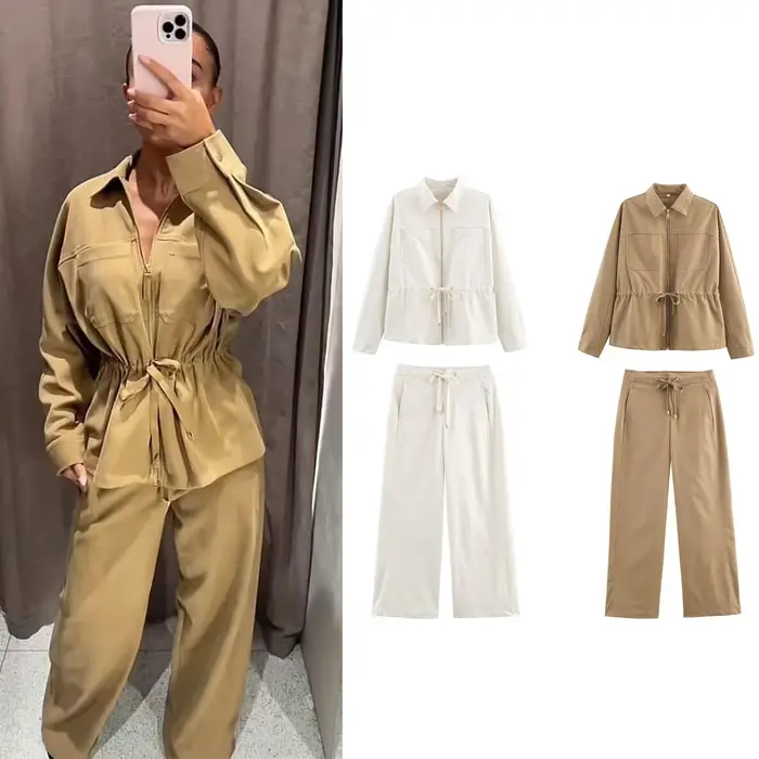 HH – costume pantalon décontracté pour femme, manches longues, couleur unie, fermeture éclair, veste