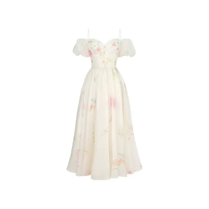 Une épaule bulle manches jarretelle robe florale été 2025 Style français jupe longue enfants robes d