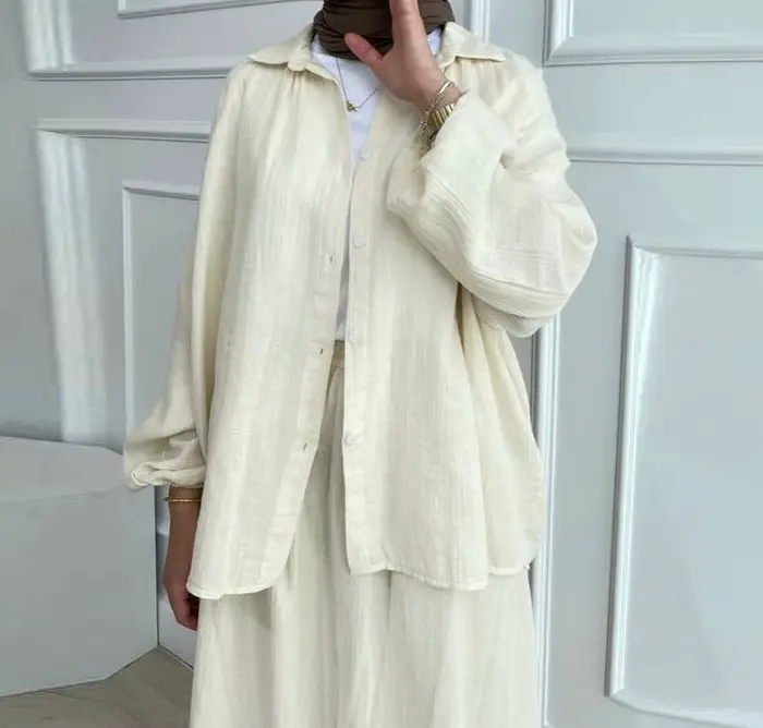 Robe musulmane pour femme, ensemble deux pièces, tenue pour femme, manches bulles, chemise élégante,