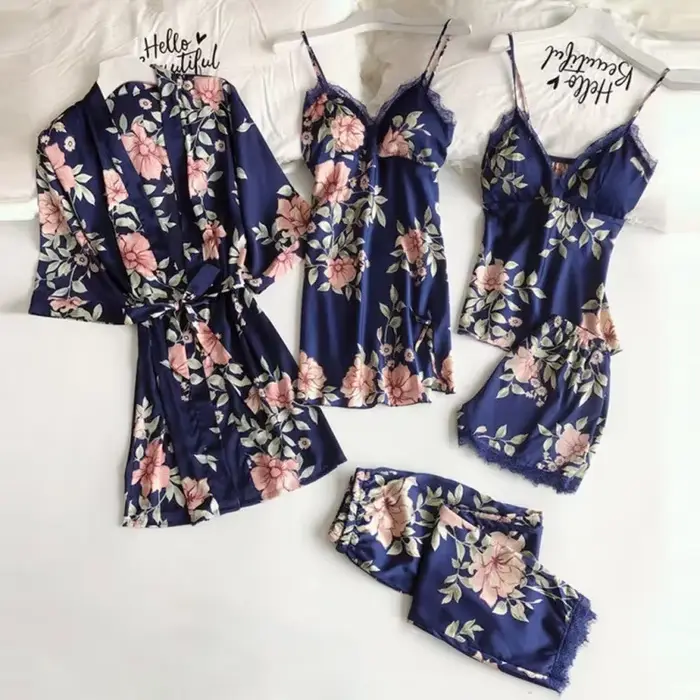 Pyjamas pour femmes 2026 – Ensemble sexy cinq pièces d'été avec bretelles, pyjama pour femme, tenue d'intérieur avec coussinet de poitrine et peignoir