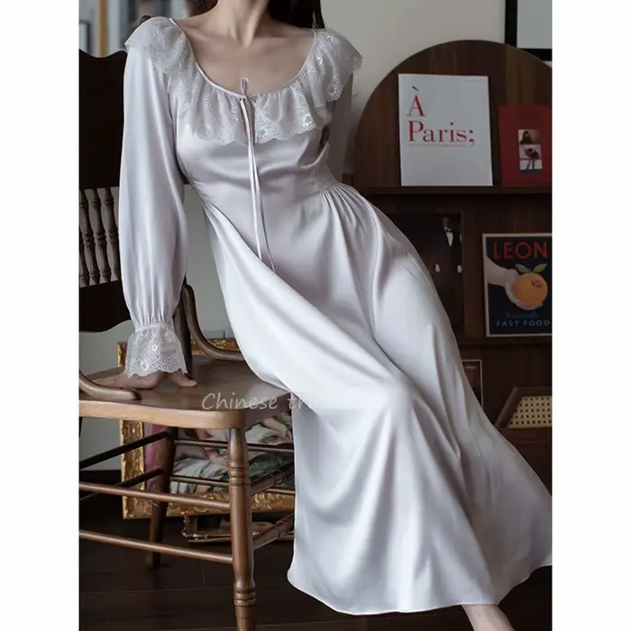 Chemise de nuit violette élégante, Vintage, col en dentelle, vêtements de nuit, rayonne, en Satin, manches longues, Lingerie, vêtements de nuit