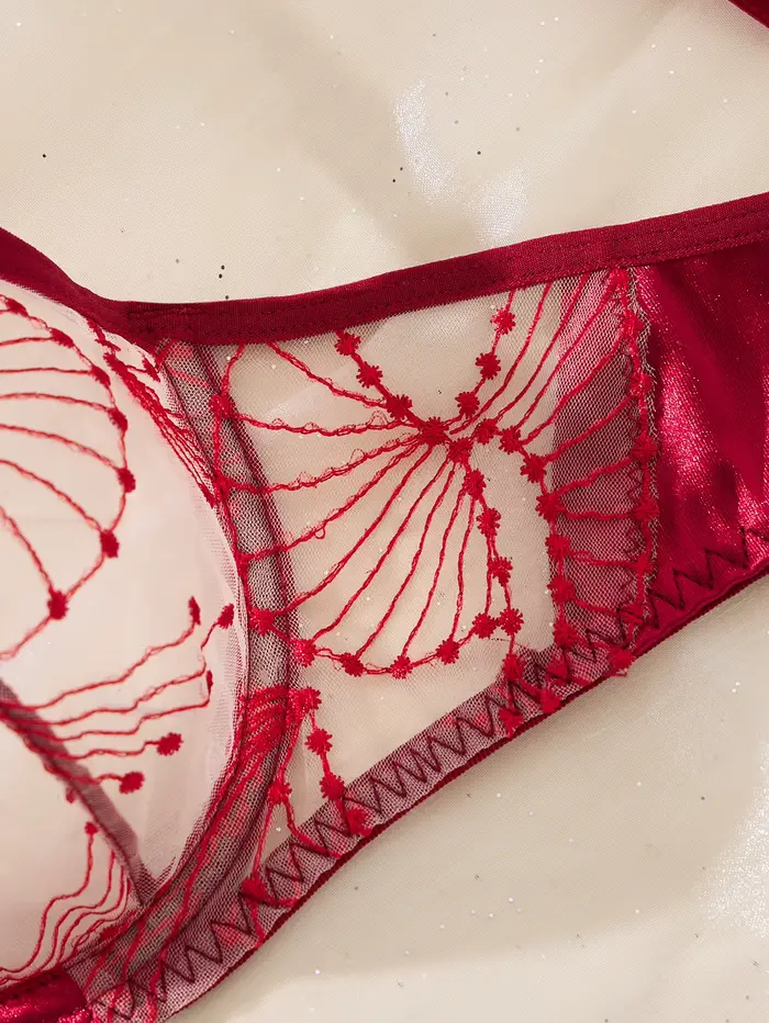 Ensemble de lingerie brodée rouge vin romantique pour la Saint-Valentin - ensemble de deux pièces sexy en maille transparente avec soutien-gorge push-up ZA825287