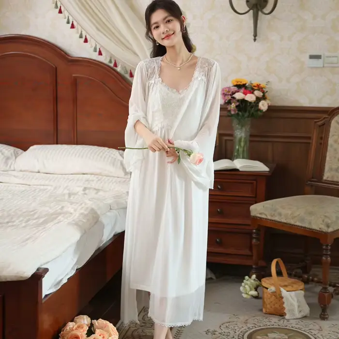 Chemise de nuit Vintage en dentelle féerique avec Robe, ensemble 2 pièces, vêtements de nuit princesse romantiques, Style français, Robe de nuit élégante pour femmes, mariée