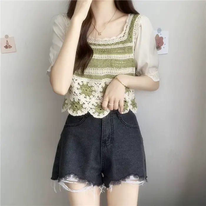 Chemisiers à manches courtes bouffantes pour femmes, tenue de loisirs assortie, en dentelle droite, 