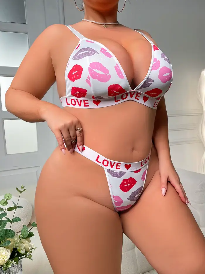 Dámské Sexy potisk Lip Spodní prádlo Set, Bralette a tanga francouzské trojúhelníkové klobouky, Uglier Support Spodní prádlo