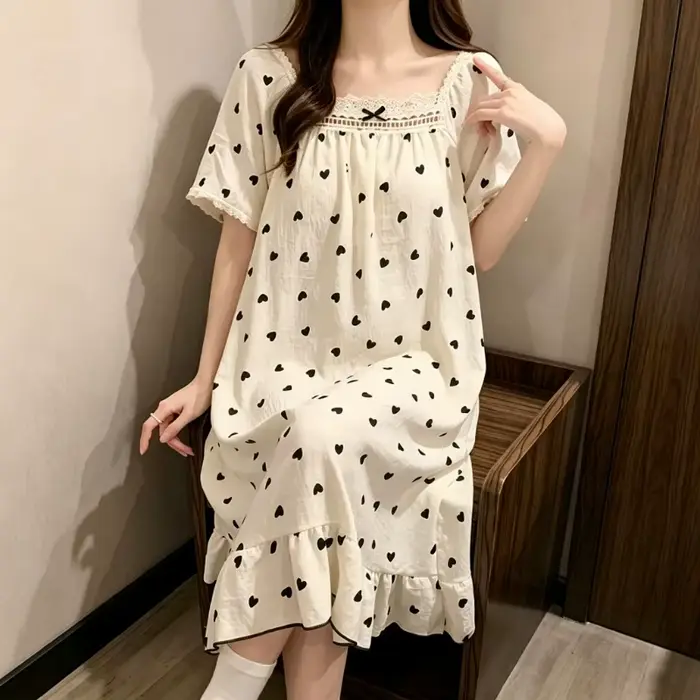 Robe de nuit décontractée pour femme à col carré, imprimé mignon, manches courtes, ourlet à volants, idéale pour l'été