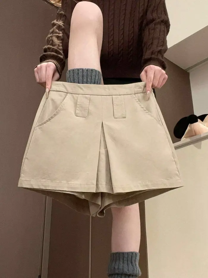 Culottes kaki effet deux-pièces pour femme, nouvelle collection été 2026, taille haute, anti-transpa