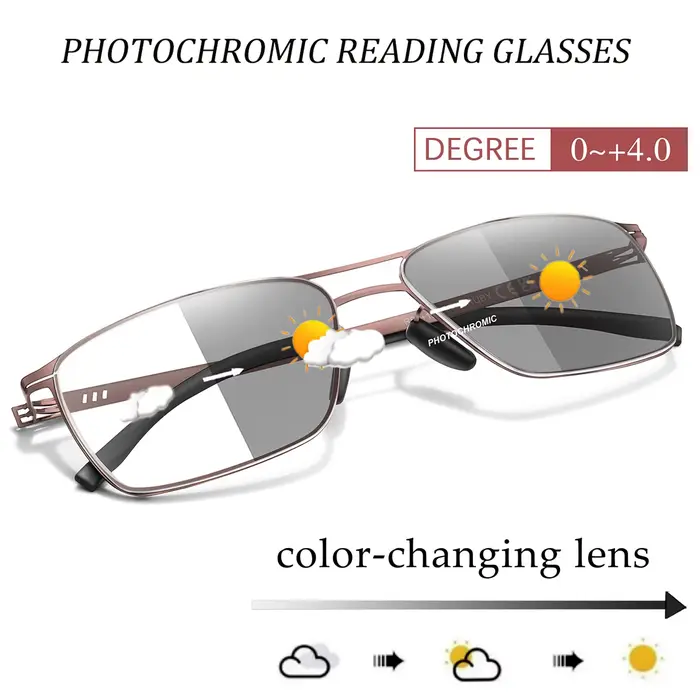 Lunettes de lecture photochromiques en métal Anti-lumière bleue, monture rectangulaire pour presbyte