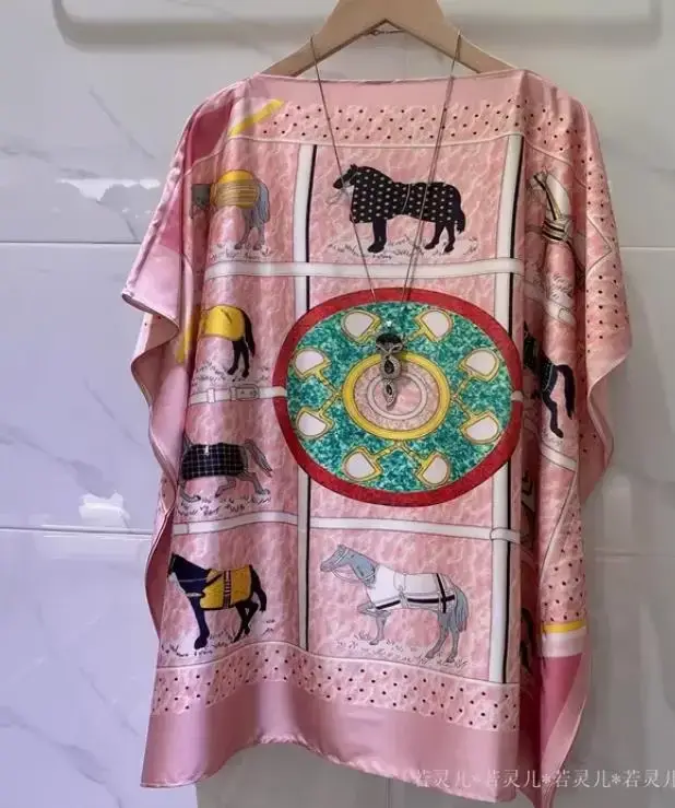 Dámské saténové halenky s potiskem, netopýří rukávy, vintage košile, letní