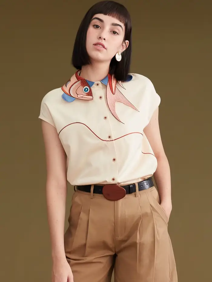 Chemise à manches courtes pour femmes, brodée irrégulière, poisson Koi, printemps et automne