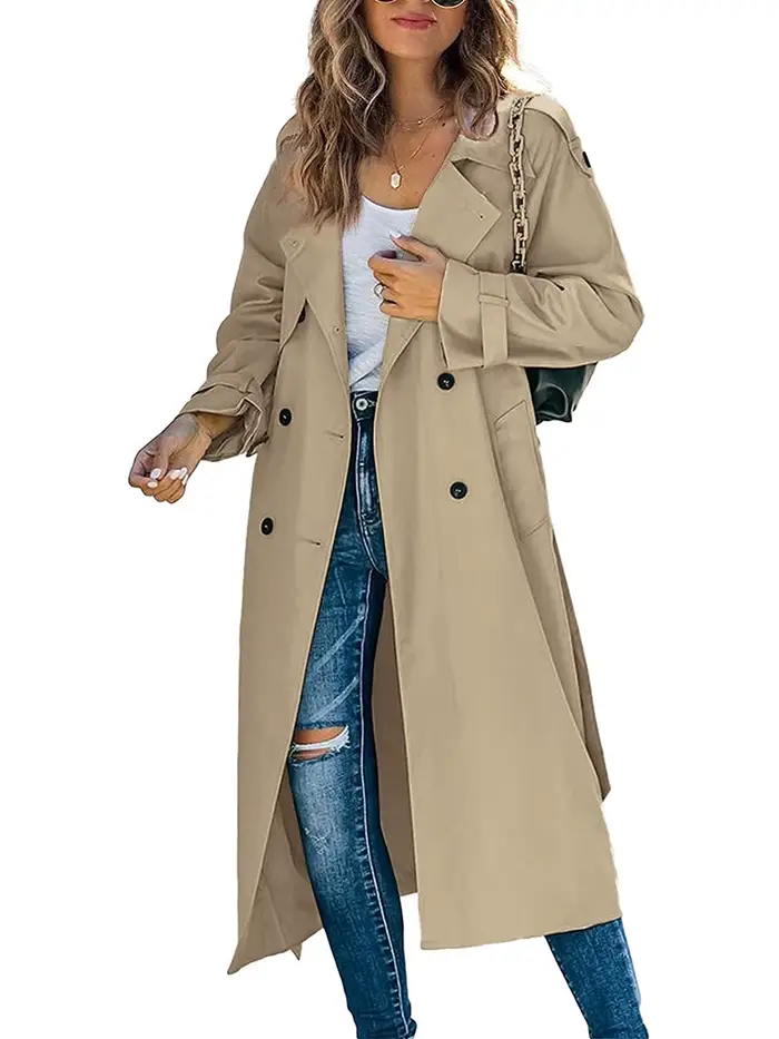 Trench-Coat Long à Double boutonnage pour femme, coupe-vent classique à revers, manches longues, par