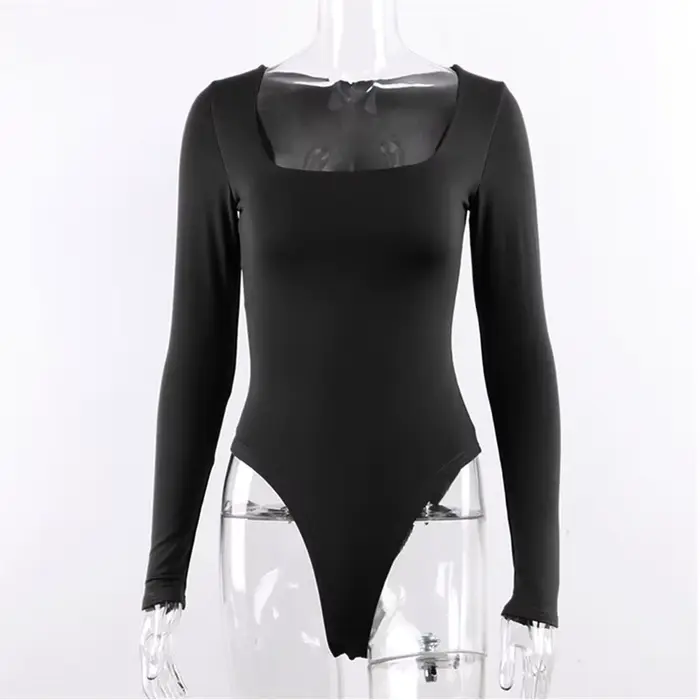 Dámské body s dlouhým rukávem, streetwear, sexy, těsný, čtvercový krk, pochva, rozkrok, základní černé kombinézy, přímé doručení