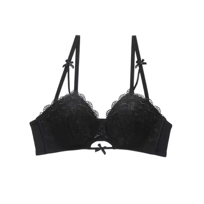 Soutien-gorge push-up en dentelle respirante à nœud papillon fin, décolleté plongeant réglable, ling