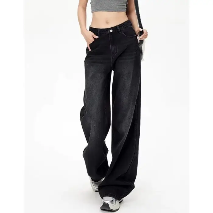 Jean taille haute rétro noir gris pour femme, pantalon en Denim à jambes droites, coupe ample, fin, 