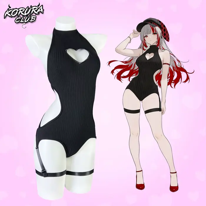 KORURACLUB femme lingerie noire tricot dos nu body corset coeur forme haut sexy egirl combinaison jeu de rôle body