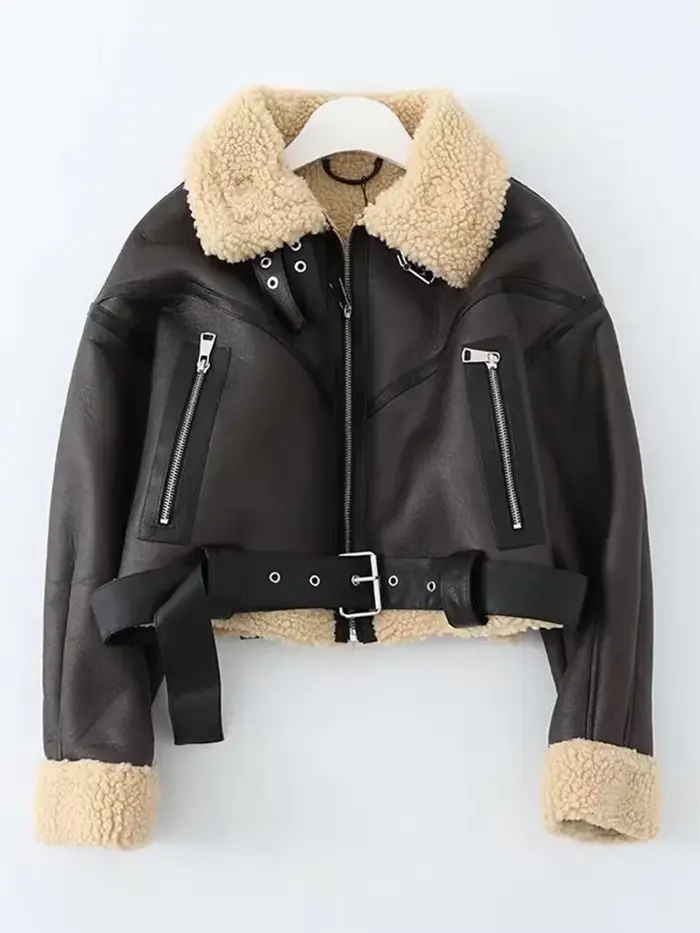 Ailegogo hiver femmes Streetwear fausse fourrure d'agneau veste courte avec ceinture Moto Biker épai