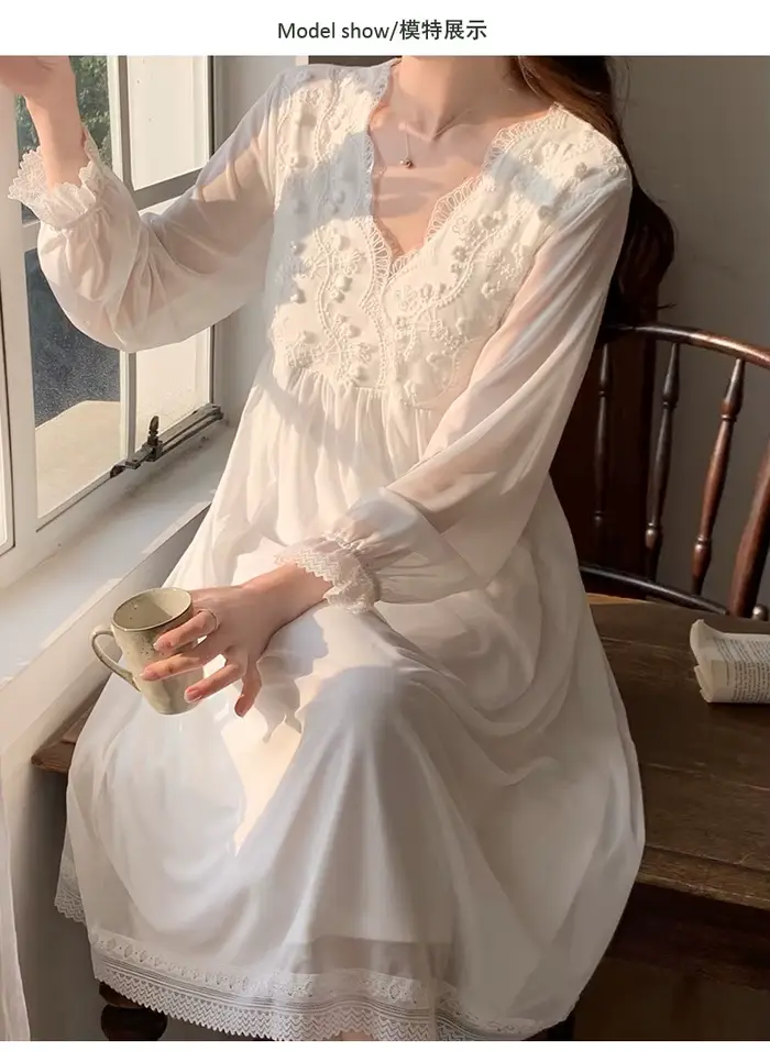 Princezna Sladké Noční košile Ženy Volné V-Neck Dlouhý rukáv Noční košile Podzimní Domácí oblečení Modální síťovina Krajka Dámské noční košile