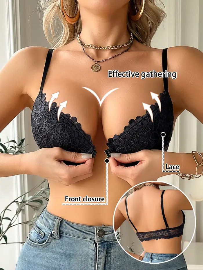 Soutien-gorge en dentelle pour femme, uni, sexy, à fermeture avant, push-up, confortable, respirant,