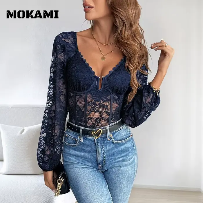 Nové sexy krajkové tělo pro ženy, V-neck, krajka hranice, tvarování pohár, základní překrytí Top, evropský a americký styl, dámské body